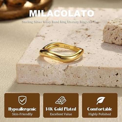 MILACOLATO 925 Sterling Silver Rings for Women 14K Gold Plated Wavy Stackable Ring for Women, Twisted Wave Band Rings, Silver/Gold Eternity Rings for Women Wedding Promise Ring With Box thumbnail 2