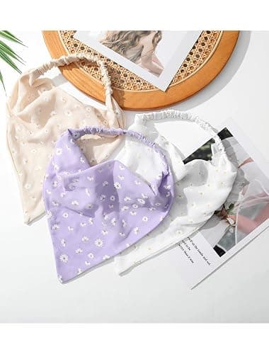 AWAYTR Elastic Hair Scarf Headband - 3 PCS Chiffon Print Floral Hair Scarves with Hair Clips Kerchief Head Bandanas for Women (White/Beige/Purple) thumbnail 8