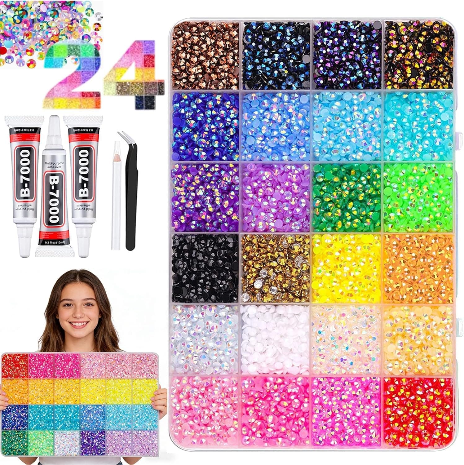 Bedazzling Glue Kit, 40 Colors 40,000pcs Beazzle Rhinestone Kit, Crafts and DIY Projects (24 Colors/24,000pcs) - Image 1