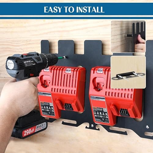 DITKOK 3-in-1 Metal Wall Mount for Milwaukee Charger, Battery and Drill, Battery Holder for 4×M12 & 4×M18 Batteries, Charger Holder for 2x M12-18C/2x M12-18FC/1x M18 DFC Chargers, Power Tool Organizer thumbnail 7