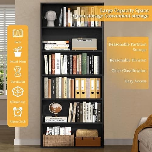 Shintenchi Bookshelf,6-Tier Open Bookcase and Bookshelves,6 Shelf Display Storage Shelves Floor Standing 70.6 inches Tall Bookcase for Home Office, Living Room (Black) thumbnail 5