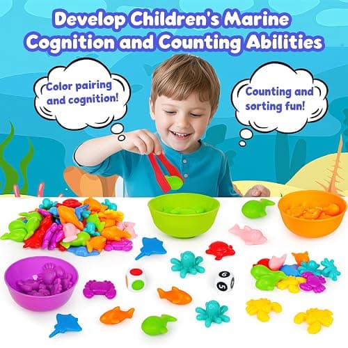Sorting Colors Sea Animals Counting Toys with Matching Sorting Cups and Game Dices, Color Classification and Sensory Training Preschool Educational Learning Toys for Toddlers Kids Girls Boys Ages 3+ thumbnail 5