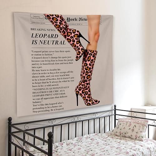 WNAGT Trendy Leopard Print Newspaper Tapestry Wall Hanging, Cheetah Room Decor, Modern Hot Girl Fashion Aesthetic Blanket Decor for Girls Room Dorm Apartment Office, 50x60 Inch thumbnail 4