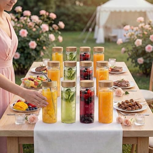 HomArtist 16oz Round Glass Juice Bottles with Lids, 6 Pack Reusable Juice Containers with Bamboo Lids, Glass Juicing jars with 4 Straws & 2 Airtight Lid with Hole for Drinking thumbnail 9