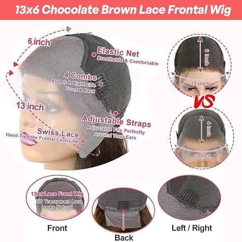 METDIO 26Inch Chocolate Brown 13x6 Body Wave Lace Front Wigs Human Hair Pre Plucked With Baby Hair 180 Density 4# Colored Brown HD Lace Frontal Wigs for Women thumbnail 3