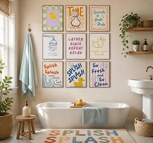 JBZDD 9 Pcs Funny Kids Bathroom Wall Art Prints, Retro Preppy Rubber Duck Canvas Poster Wall Decor, Colorful Whimsical Duck Decorations for Kids Nursery Toddler Washroom Toilet, 8x10 Inch Unframed thumbnail 7