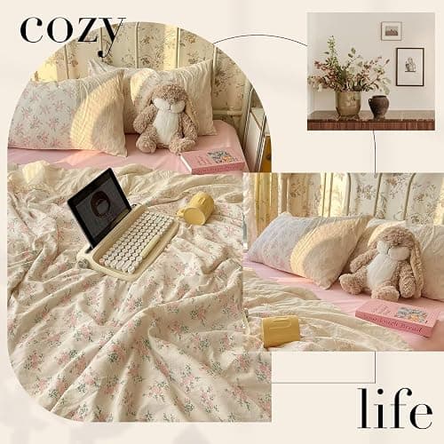 mixinni Vintage Floral Duvet Cover Set - 3 Piece King Size Pink Cottagecore Bedding with Lace Trim, Shabby Chic Bedding Set, Includes 1 Duvet Cover & 2 Pillowcases, Boho Aesthetic for Girls & Dorms thumbnail 5