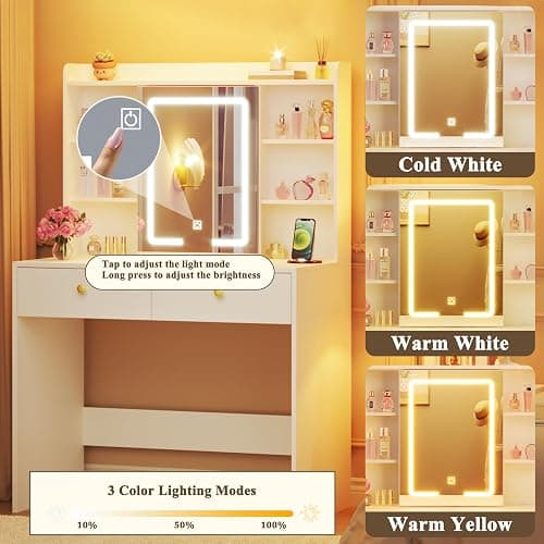 HUAHUU Vanity Desk with Mirror and Lights, 31" Makeup Vanity Desk with Lights 3 Colors, Small Vanity with 2 Storage Drawers & 6 Shelves for Girls Women Bedroom, White thumbnail 4