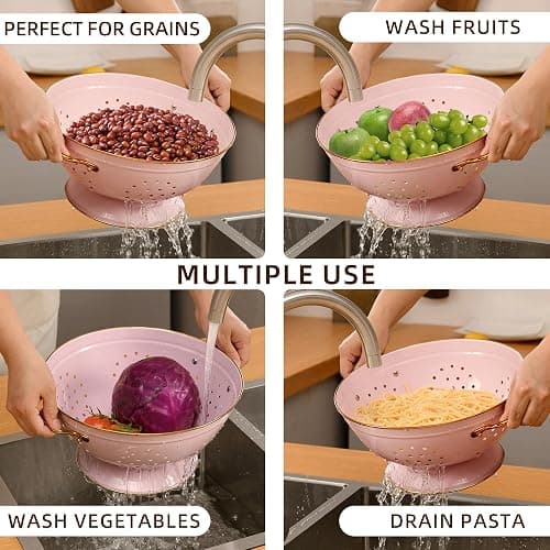 BeFare Metal Colander Set of 2, Strainer Basket with Handles 3.5 & 5 Qt Powder Coated Self-draining Solid Ring Base Metal Large Kitchen Colander Bowel for Pasta Vegetable Fruit (PINK), 2pack thumbnail 6