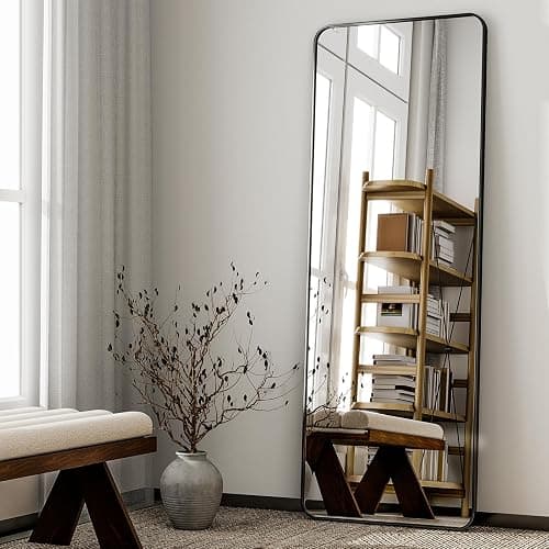 HARRITPURE 56" x 21“ Full Length Mirror - Rounded Corner Floor Mirror with Stand, Black Aluminum Frame Full Body Mirror, Hanging/Leaning/Standing Mirror for Bedroom, Cloakroom thumbnail 7