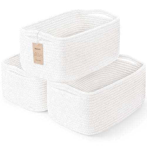 Maxuni 3-Pcs Shelf Baskets for Organizing, Closet Organizer Bins, Small Woven Baskets, Rope Toy Basket, Storage Basket for Shelves, Cube Decorative Box, 11.8×7.8×5.1”, White - Image 1