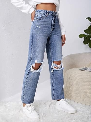 SweatyRocks Women's High Waist Ripped Distressed Cropped Jeans Straight Leg Denim Pants thumbnail 3