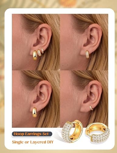 LOLIAS Small Chunky Gold Hoop Earrings for Women Hypoallergenic Gold Silver Hoops for Sensitive Ears Non Tarnish 14K Gold Filled Huggie Hoop Earring Stacks for Multiple Piercing Lightweight 3Pairs - Chunky-14K Gold Plated thumbnail 4