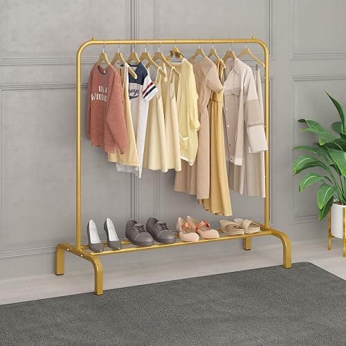JIUYOTREE Metal 43.3 Inches Garment Rack with Bottom Shelf Clothing Rack for Hanging Clothes Coats Skirts Shirts Sweaters Gold - Gold - no wheel thumbnail 4