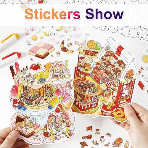 New 4PCS Fun DIY Stickers Scene，Cute 3D Korean Cartoon Scene Sticker for Adult and Children Relief Stress Pass The Time，Mini House Sticker with Tweezers(03) thumbnail 7