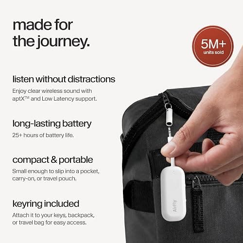 Twelve South AirFly Pro | Bluetooth Wireless Transmitter/Receiver Adapter for 2 Headphones, Audio Sharing, Compatible with 3.5mm aux Jack for Airplanes, TV, Gym, Stereo, and Travel, 25+ Hr Battery thumbnail 5