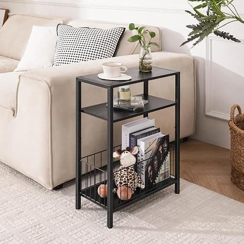 Yoobure Narrow Side Table with Storage Basket, Small End Table for Small Spaces, Skinny Side Tables Living Room Bedroom Office, Slim Nightstand 3 Tier Bedside Table Space-Saving for Magazine, Black thumbnail 2