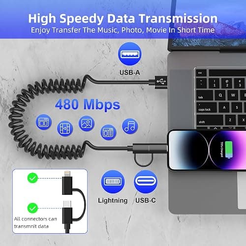 USB to USB-C and Lightning Cable Combo 2 in 1 Coiled Cable Ap ple Carplay & Android Auto Compatible[MFi & 3A Fast Charge & Data Sync] Coiled Lightning and USB C Cable for iPhone 15/14/13/12/Android thumbnail 5