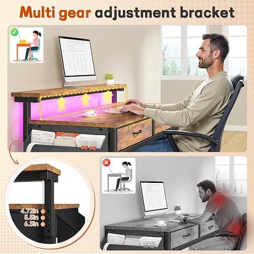 DurayLoly Gaming Desk with 2 Drawers &LED Lights,Space Saving,Rustic Brown | Computer Desk with Ergonomic Monitor Stand,Office Desk with Side Pocket and Hook,Study Writing Table for Small Spaces thumbnail 6