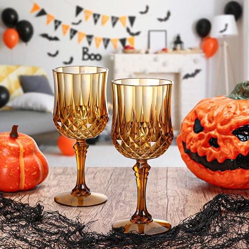 XUWAIDSGN 24Pcs Plastic Vintage Wine Glasses 7oz Reusable Embossed Goblet Glasses Pink Retro Wine Glassware Unbreakable Stemmed Champagne Water Cups for Wine Cocktail Juice Wedding (24, Brown) thumbnail 5