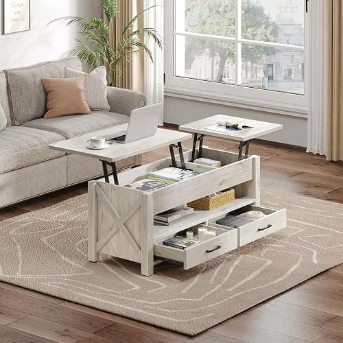 Seventable Coffee Table, 47.2" Lift Top Coffee Table with 2 Storage Drawers and Hidden Compartment, X Wood Farmhouse Support, Retro Center Table with Wooden Lift Tabletop, for Living Room,Grey - Grey thumbnail 6