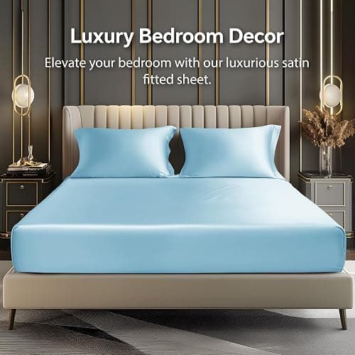 BEDELITE Satin Fitted Sheet and Pillowcase Set, Luxury Soft Similar to Silk Bottom Bedsheet with Elastic Corner Straps, Deep Pocket up to 15 Inch, 1 Fitted Sheet and 1 Pillowcase(Twin, Light Blue) thumbnail 2