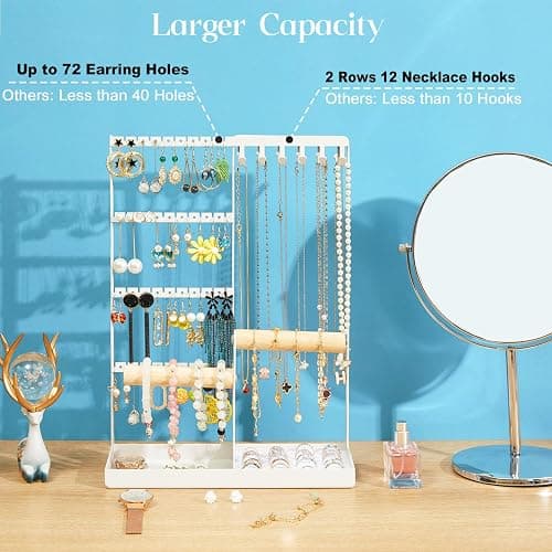 Jewelry Organizer Stand, Jewelry Holder Tree and Storage, Super Large Capacity, 72 Earring Holes, 12 Necklace Hooks, 20 Rings Slot, 2 Bracelet Bars, Assemble Not Required, Size 3.94*9.84*13.78 Inch thumbnail 4
