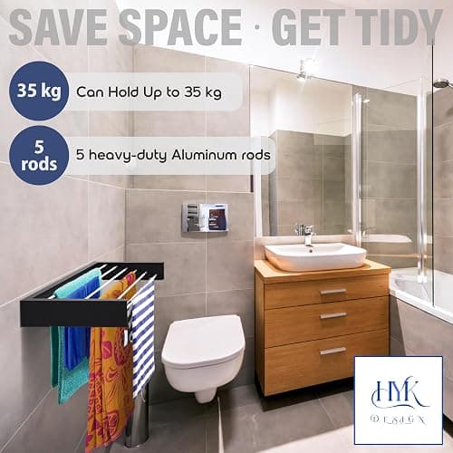 HYK Wall Mounted Clothes Airer - Foldable Clothes Drying Rack - 35kg Capacity - Indoor & Outdoor Use Easy to Install - Retractable Drying Rack for Laundry, Bedroom, Garden (WHITE, 70 CM) thumbnail 7