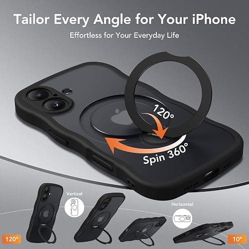 GolbinBox for iPhone 16 Case, [Compatible with Magsafe][360° Spin Magnetic Stand][Military-Grade Protection][Camera Control][Cute Wave Edge] Translucent Matte Women Phone Cover for iPhone 16, Black thumbnail 3