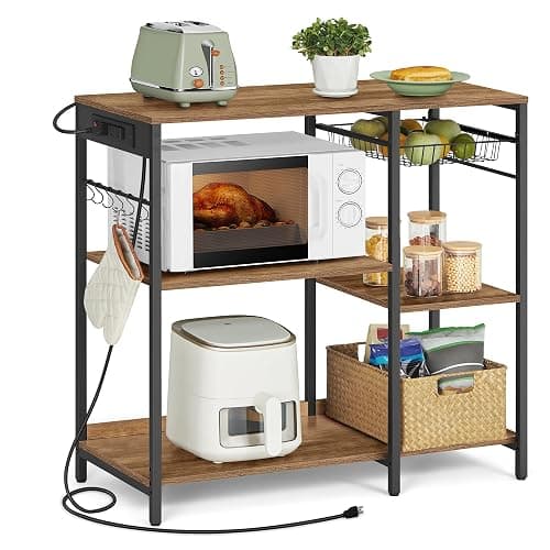 VASAGLE Baker's Rack, Coffee Bar Stand with Charging Station, 35.6 Inches Tall, Storage Shelves, Pull-Out Wire Basket, Table for Microwave, Kitchen, Honey Brown and Ink Black UKKS036K41 - Image 1