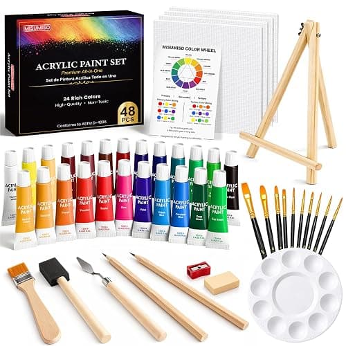 MISUMISO Acrylic Paint Kit for Beginners, 24 Colors Complete Painting Set with 4 Canvas Panels, 10 Brushes, Wooden Easel, Palette & Art Supplies, All-in-One Paint Set for Adults & Teens - Image 1