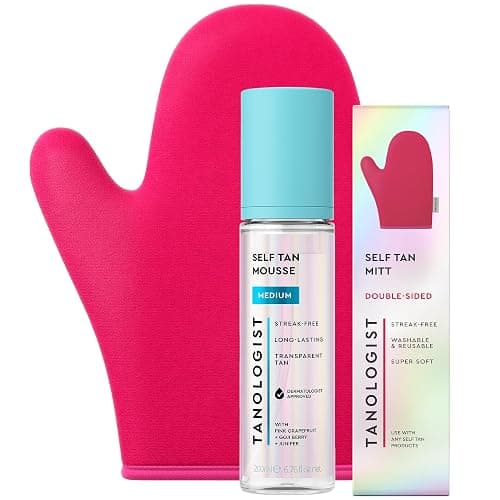 Tanologist Sunless Self-Tan Set – Medium Tanning Mousse with “No Fake Tan Smell” or Orange Tone + Double-Sided, Water-Resistant Self-Tanning Mitt for Streak-Free Application - Image 1