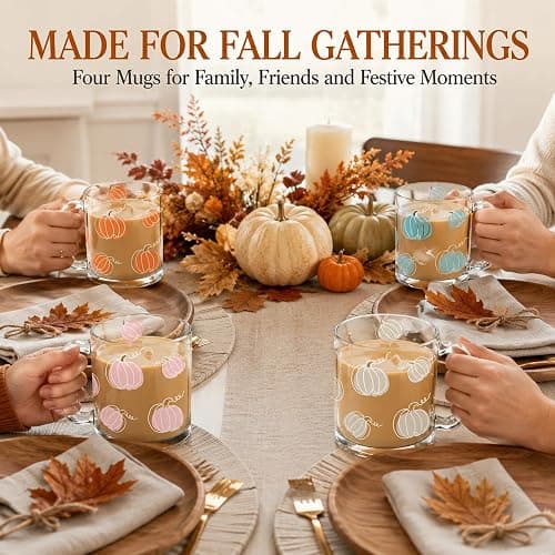 RimCereal 4 Pcs Fall Glass Coffee Mugs, 12oz Pumpkin Mug with Handle | Cute Pumpkin Coffee Cups Thanksgiving Autumn Harvest Fall Glass Cup for Drinking Beverage Tea Milk thumbnail 6