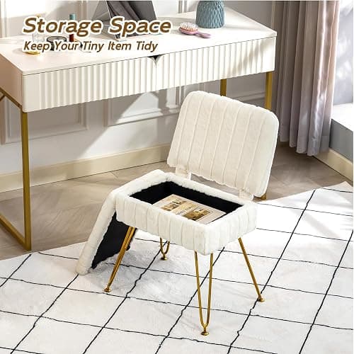 Manyday Vanity Chair with Storage, Comfy Ottoman with Folding Back, Faux Fur Vanity Stool with 4 Metal Legs for Make Up, Furry Padded Seat with Anti-Slip Feet for Bedroom Dressing Room thumbnail 6