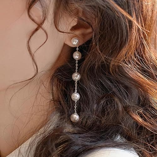 Trinckle Pearl Earrings for Women, Gold Pearl Drop Earrings Dainty Silver Dangle Earring for Wedding, Bow Stud Jewelry as Christmas Gifts Statement Silver Hoop Bride Earring as Boho Prom Accessories thumbnail 8