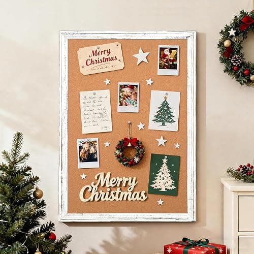 QUEENLINK Cork Board Bulletin Board, 36" x 24" Corkboard for Wall, Rustic White Wooden Frame, Hanging Pin Board for Home & Office Decor, 10 Push Pins thumbnail 2