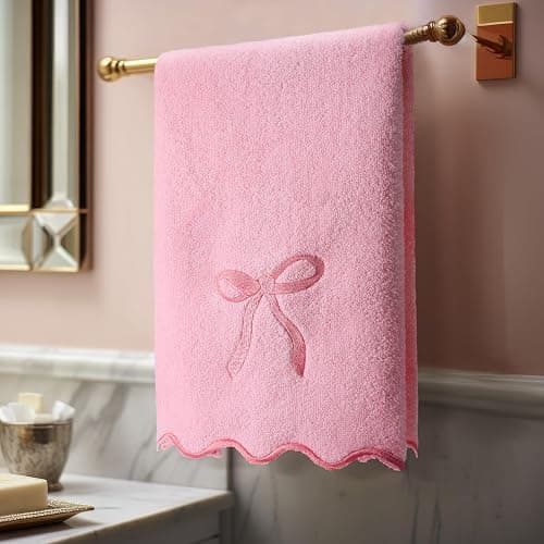 Fanfanwin 2 Pcs Pink Bow Scalloped Hand Towels for Bathroom 26 x 13 Inch Soft Embroidery Cute Coquette Bath Towels Fingertip 100% Cotton Soft Absorbent Boho Bath Decor for Kitchen Bathroom thumbnail 4