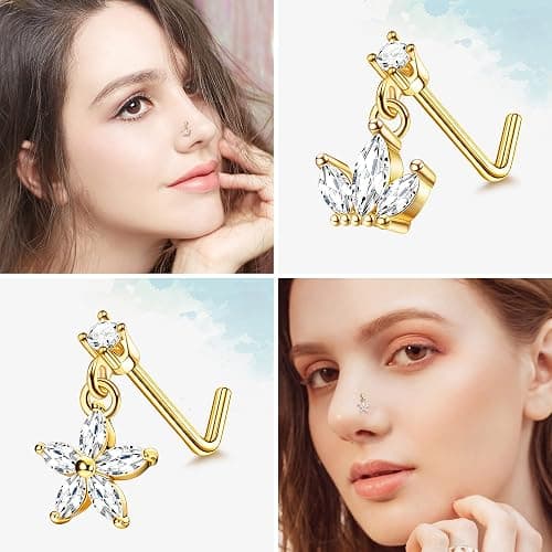 ORAZIO 9 PCS Dangle Nose Rings - L Shaped for Women, 20G Stainless Steel Nose Rings Studs with CZ Cross, Crown, Flower, Heart Dangling Piercing Jewelry - L-Gold Tone thumbnail 5