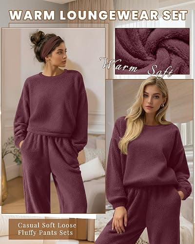 Oakgarden Women's Fuzzy Pajamas Sets Warm Fleece Loungewear Outfit Cozy Long Sleeve Fluffy Pullover Pant Set 2 Piece thumbnail 5