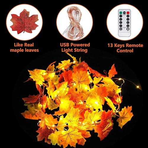Stondino 2 Pack Christmas Leaves Garland with Lighted - 5.8Ft/Piece Fall Light Up Garland with 16.4Ft 50 LED Lights String Autumn Porch Decorations for Home - USB thumbnail 2