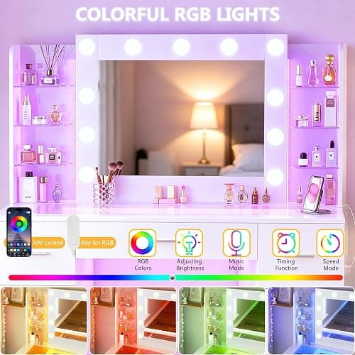 HUAHUU Vanity Desk with Mirror and Hollywood Lights, Makeup Vanity 6 Backlit Open Shelves with Frosted Panel & RGB Light, Transparent Top, Power Outlet, 7 Drawers & Storage Organizer for Bedroom thumbnail 6
