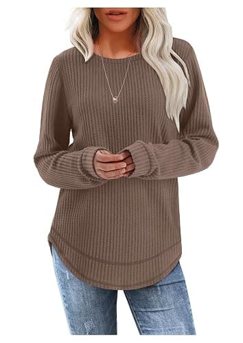 WIHOLL Tunic Tops for Women Loose Fit Dressy Waffle Knit Long Sleeve Shirts Trendy Fall Fashion Crewneck Sweaters Curved Hem thumbnail 3