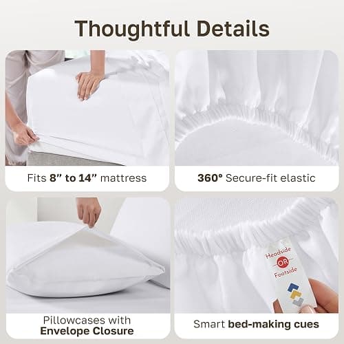 California Design Den Queen Sheet Set - Natural 100% Cotton Sheets Queen Size Bed Set with Deep Pockets, Soft Sateen Weave, Breathable and Durable Bedding (White) thumbnail 5