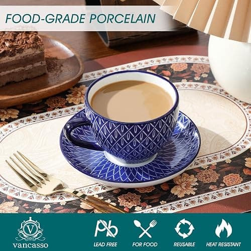 vancasso Selene 240 ml Porcelain Cup and Saucer Set of 6, Blue-and-White | Floral Patterned Vintage Coffee Cups Set for All Kinds of Drinks/Tea/Espresso/Latte/Cappuccino, Dishwasher & Microwave Safe thumbnail 4