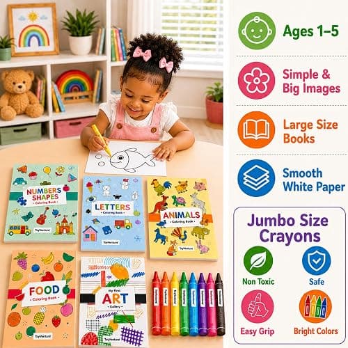 Coloring Books for Toddlers 1-3 with Large Pages & Crayons for Toddlers 1-3, Boys Coloring Book Set Featuring Letters, Numbers, Shapes, Animals & Food Activities, 2 Year Old Workbook Set in Blue Box thumbnail 5
