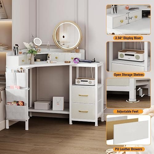 Espelism Corner Vanity Desk with Charging Station, 49.6" Makeup Table with Fabric Drawers & Side Pocket, Space-Saving Dressing Table for Small Space Bedroom Dorm(White) thumbnail 7