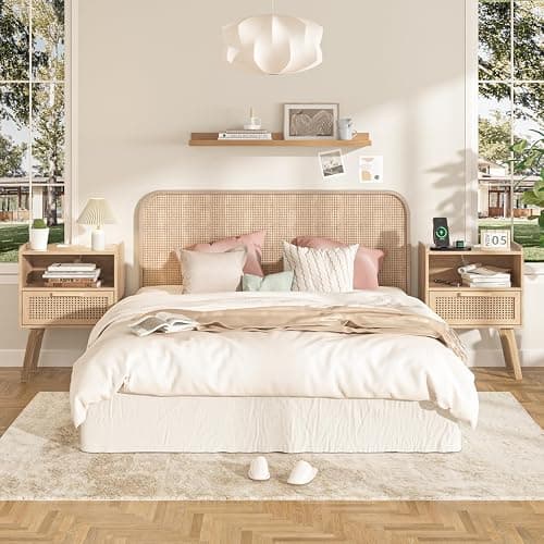 Lerliuo Rattan Nightstands Set of 2 with Charging Station, Boho Night Stand | Handmade Natural Rattan Drawer and Open Shelf, Side End Tables with Solid Wood Legs for Bedroom, Dorm, Small Spaces thumbnail 2