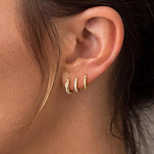 Inerney Gold Huggie Hoop Earrings Set for Women, Dainty Small Sterling Silver Earring Stacks Hypoallergenic Jewelry for Multiple Piercings, Trendy Twisted Cute Cartilage Hoops Birthstone Gift 3 Pairs thumbnail 7