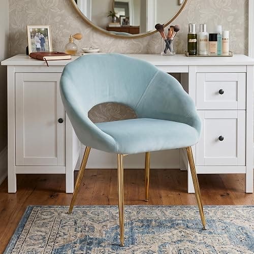 Modern Vanity Chair, Living Room Chair with Gold Metal Legs,Velvet Dining Chair, Comfy Accent Chair for Makeup Room, Waiting Room, Dressing Room, Bedroom, Dining Room, Home Office (1, Blue-green) - Image 1
