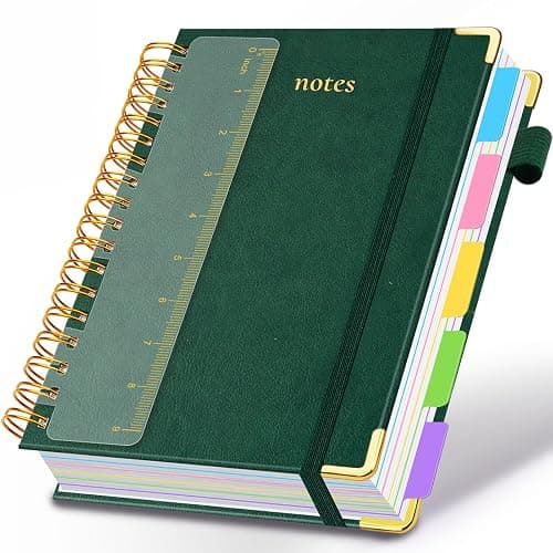 Hardcover Spiral Notebook 8"x10" Journal Notebook with Tabs and Removable Dividers 300 Pages 5 Subject Notebook College Ruled, Faux Leather Spiral Bound Notebook for Women School Work (Green) - Image 1